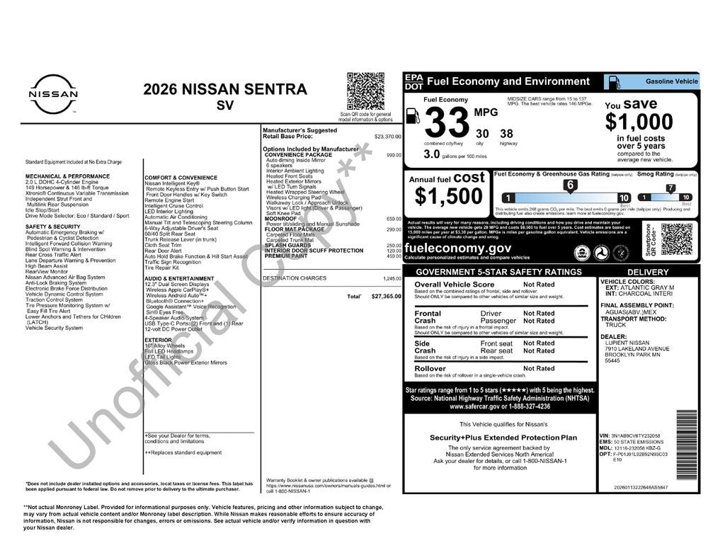 2026 Nissan Sentra SV Convenience Package